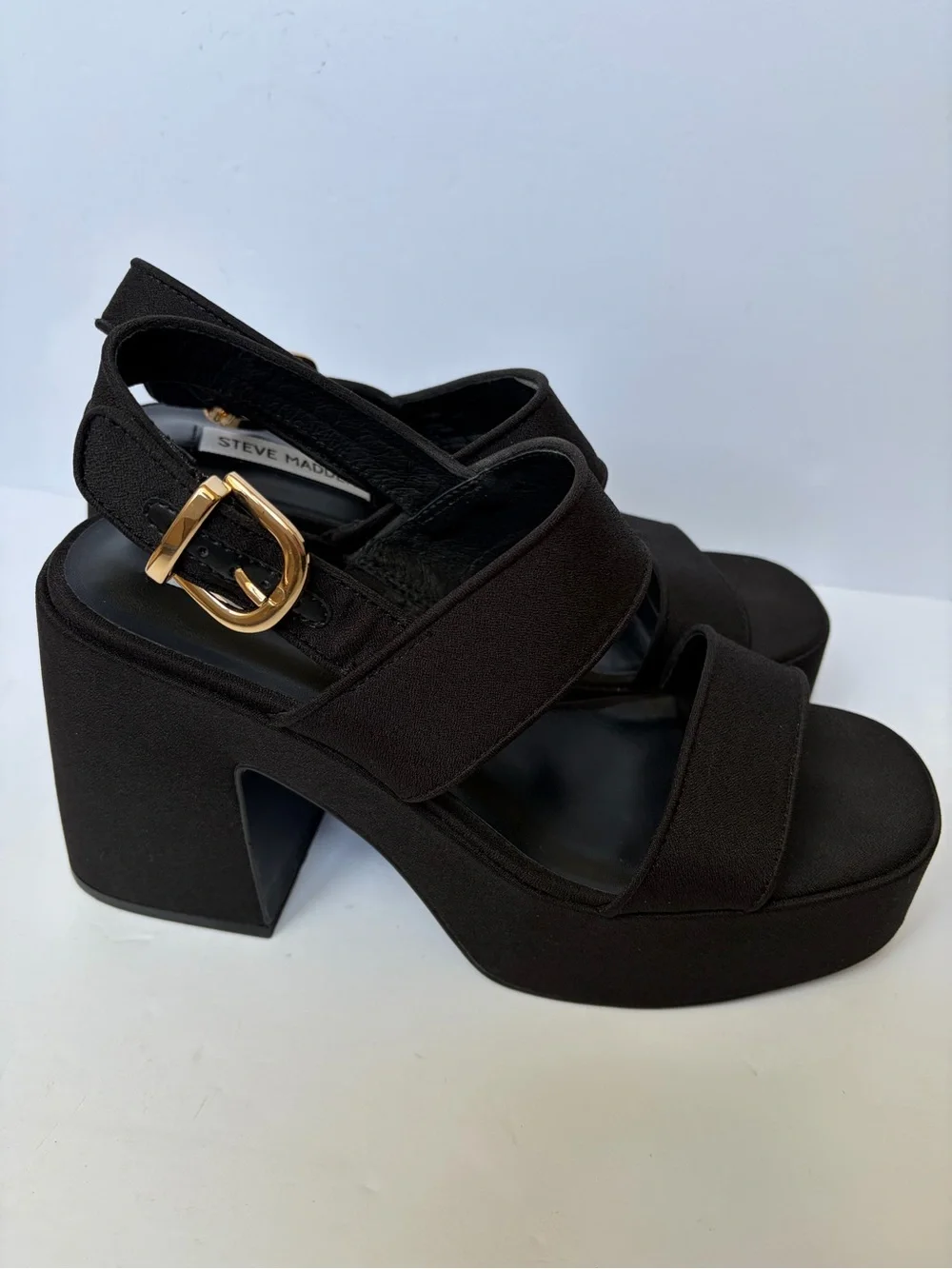 Steve Madden Black Platform Slingback Chunky Sandal/Heel with Gold Buckle